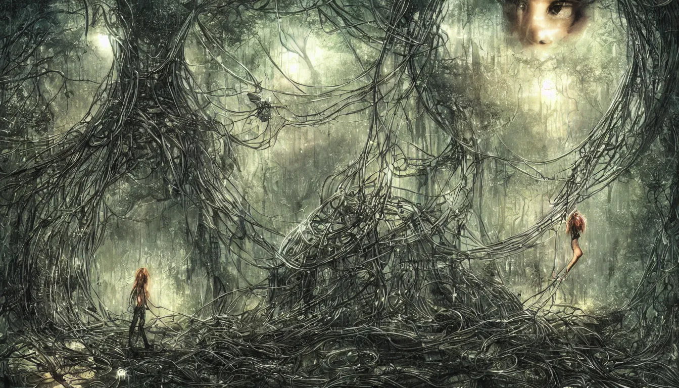 Prompt: a big eye wrapped in wires floats above the ground in a dense forest, illustration by john taylor dismukes, by dave lafleur, luis royo artwork, smooth shading, ultra detailed, high resolution, cinematic, chrome art, rich deep colors, unreal 6