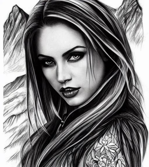 Image similar to tattoo design sketch of a very beautiful woman face against a background of beautiful mountains and nature, hyper - realistic, in the style of den yakovlev, amazing detail, black and white