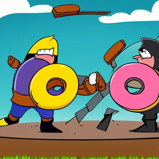 Image similar to Two cartoon donuts battling each other, battle scene