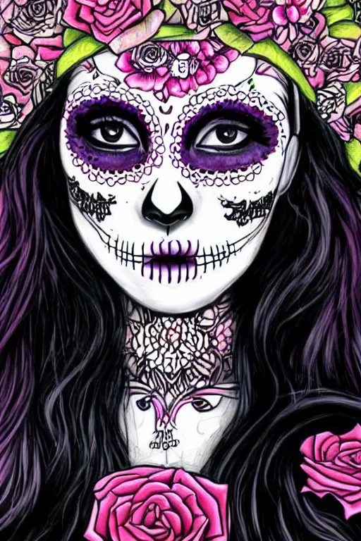 Prompt: Illustration of a sugar skull day of the dead girl, art by Harumi Hironaka