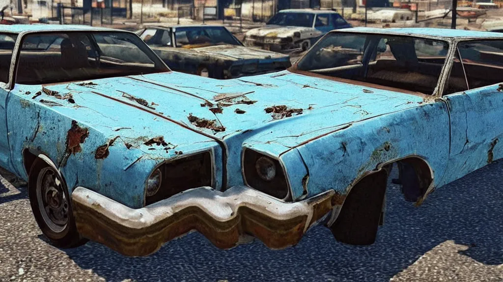 Prompt: A screenshot of a rusty, worn out, broken down, decrepit, run down, dingy, faded, chipped paint, tattered, beater 1976 Denim Blue Dodge Aspen in GTA V