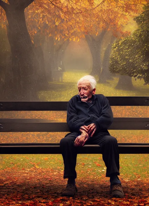 Image similar to an old man tangled around a park bench. portrait of a stretchy old man wrapped and tied around a park bench, autumn tranquility, forgetfulness, oblivion, inevitability, aging, surreal portrait, moody, by tom bagshaw, cold, 4 k