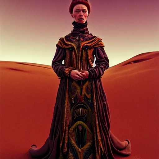 Image similar to Colour Caravaggio and Dune by denis villeneuve style full body Photography of Highly detailed beautiful Woman with 1000 years detailed face and wearing detailed Ukrainian folk costume designed by Taras Shevchenko also wearing highly detailed retrofuturistic sci-fi Neural interface designed by Josan Gonzalez. Many details In style of Josan Gonzalez and Mike Winkelmann and andgreg rutkowski and alphonse muchaand and Caspar David Friedrich and Stephen Hickman and James Gurney and Hiromasa Ogura. Rendered in Blender and Octane Render volumetric natural light