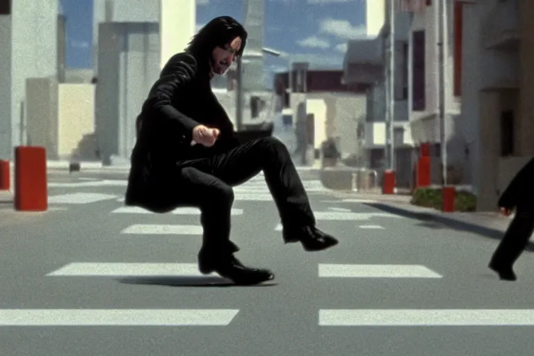 Image similar to beautiful hyperrealism three point perspective film still of Keanu Reeves as neo in bullet time aiming at agent smith in a nice oceanfront promenade motorcycle chase scene in Matrix meets ronin(1990) extreme closeup portrait in style of 1990s frontiers in translucent porcelain miniature street photography fashion edition,, tilt shift style scene background, soft lighting, Kodak Portra 400, cinematic style, telephoto by Emmanuel Lubezki