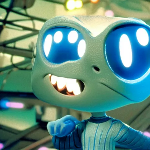 Prompt: cute smiling pixar and chibi style electric blue scaled glowing baby dinosaurs in tron movie, cinestill
