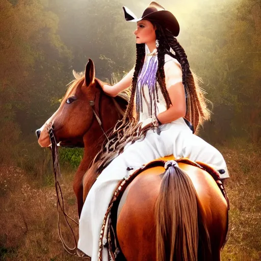 Prompt: girl with cowboy hat on horseback her hair is braided with beads in a long flowing dress fantasy western book cover