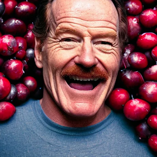 Image similar to closeup portrait of happy bryan cranston, mouth full with cranberies, submerged in cranberries, food photography, natural light, sharp, detailed face, magazine, press, photo, steve mccurry, david lazar, canon, nikon, focus
