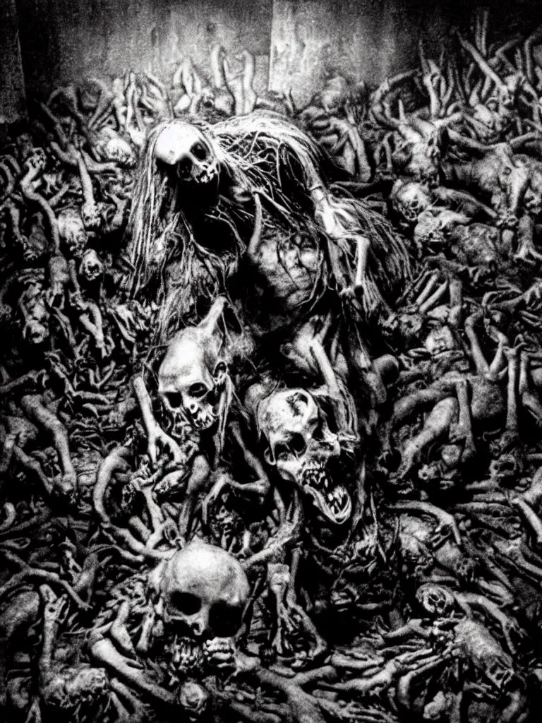 Image similar to still of a horrid vampiric creature surrounded by corpses hiding in a barnyard, horror movie, eerie, creepy, grainy, polaroid, found footage, great cinematography