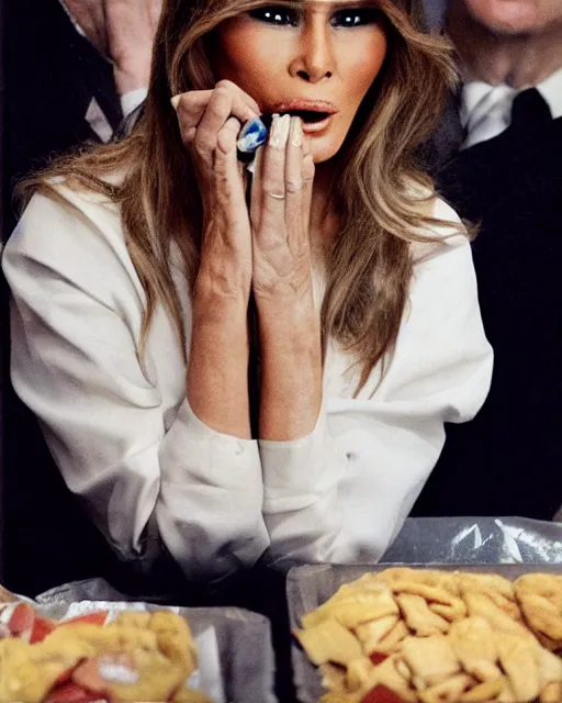 Prompt: Melania Trump eating garbage. Portrait by Annie Leibovitz.