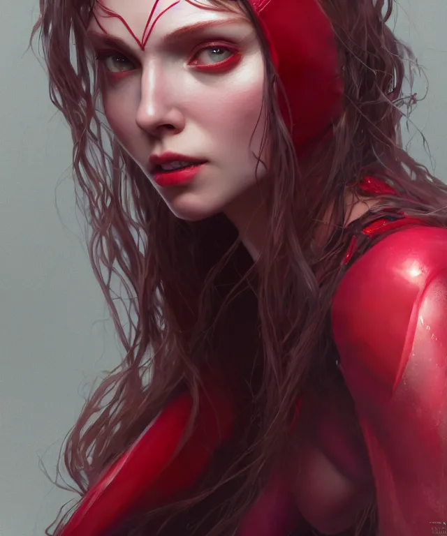 Image similar to Scarlet Witch, au naturel, hyper detailed, digital art, trending in artstation, cinematic lighting, studio quality, smooth render, unreal engine 5 rendered, octane rendered, art style by klimt and nixeu and ian sprigger and wlop and krenz cushart