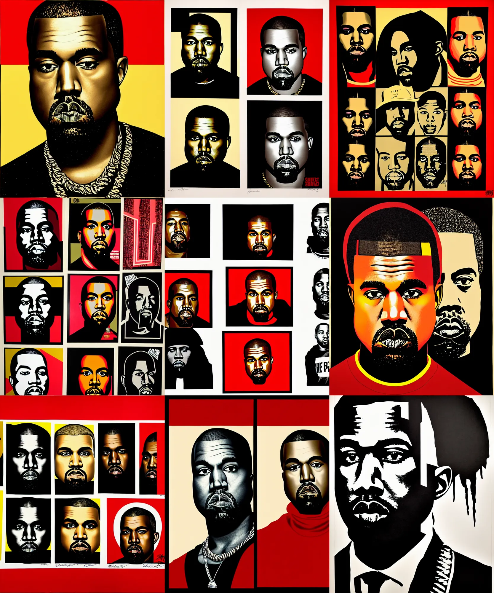 Prompt: portraits of kanye west by shepard fairey