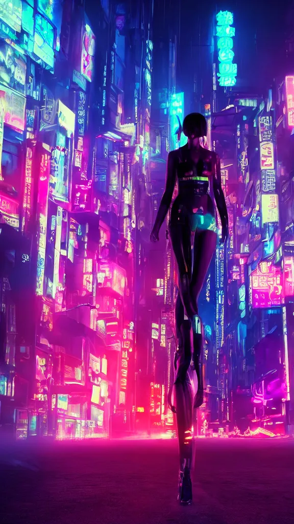 Prompt: photo still of busy neon cyberpunk city at night with fog, neon signs, corporate holograms, extreme long shot. joi from blade runner 2049, wearing burning man costume, cyberpunk geisha makeup, gradient pastel hair, hands on hips in a confident pose, vinyl boots, wide angle, full f/22, award winning photo, hyperrealistic