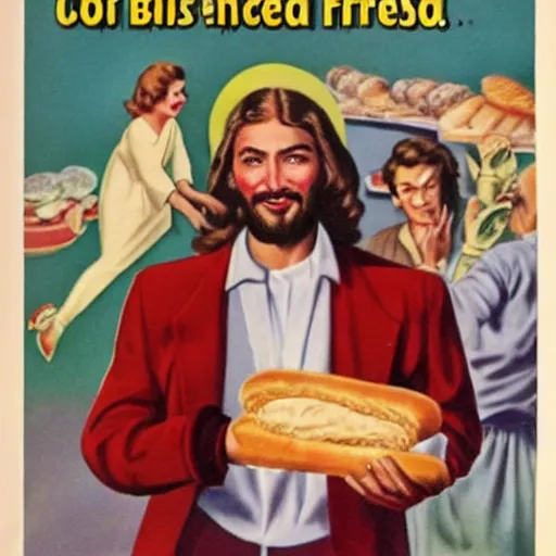 Image similar to jesus dressed as a 1 9 5 0 s advertising executive holding bread and fish