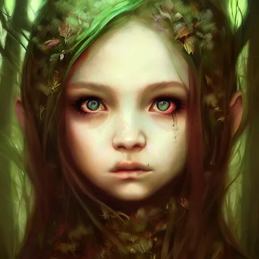 Image similar to dark forest child girl portrait by ross tran, fantasy, artwork, highly detailed face, sharp focus, forest, fog