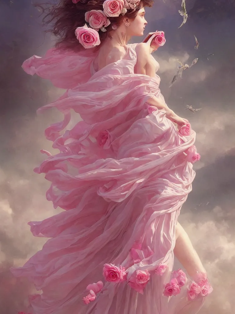 Image similar to !!beautiful!! woman dressed in a vaporous wrapped large victorian pink roses silk semi-transparent dress fashion is running, fantasy, intricate, elegant, highly detailed, digital painting, trending on artstation, concept art, matte, sharp focus, illustration, art by Artgerm and Greg Rutkowski and Alphonse Mucha