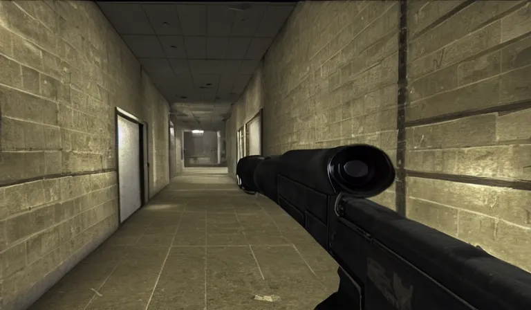 Prompt: screen shot of COD, hallway in the school, Gun at bottom of screen
