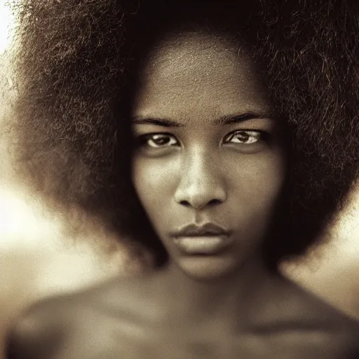 Image similar to portrait, extreme close up, sepia, light - skin young woman, afro hair, stares at the camera, night sky, stars, bruce gilden, leica s, fuji 8 0 0, grainy, low light