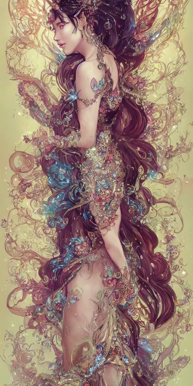 Image similar to full body portrait of a beautiful fairy queen with ornate bejewelled long dress by Anna Dittmann and Rossddraws, digital art, trending on artstation, anime arts, featured on Pixiv, HD,8K, highly detailed, good lighting, beautiful, fairy, epic, masterpiece.