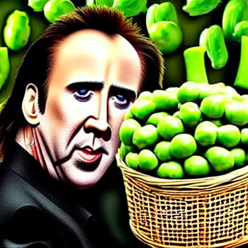 Image similar to nicolas cage with a wicker basket over head screaming with a mouth full of peas