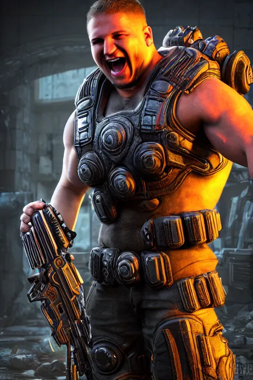 Prompt: Jordan B. Petterson as a muscular Gears of War character laughing, photorealism, half body, HDR ambient background, unreal engine 5, hyperrealistic, highly detailed, XF IQ4, 150MP, 50mm, F1.4, ISO 200, 1/160s, cinematic lights, Adobe Lightroom, photolab, Affinity Photo, PhotoDirector 365, realistic