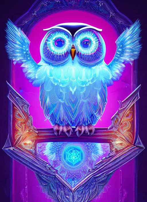 Image similar to symmetry!! product render poster vivid colors divine proportion owl, ice and snow, glowing fog intricate, elegant, highly detailed, digital painting, artstation, concept art, smooth, sharp focus, illustration,