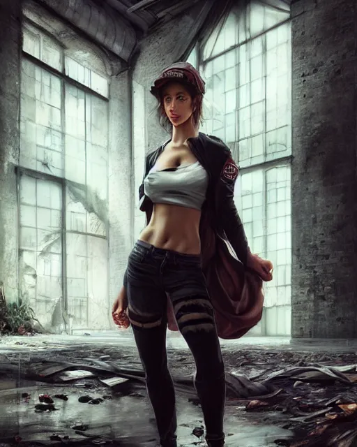 Image similar to daniel gerhartz and artgerm portrait digital rococo painting of a beautiful woman wearing streetwear clothing, abandoned warehouse interior in the background, unreal engine, hyper realism, realistic shading, cinematic composition, realistic render, octane render, detailed textures, photorealistic, ultrawide shot, 3 5 mm film