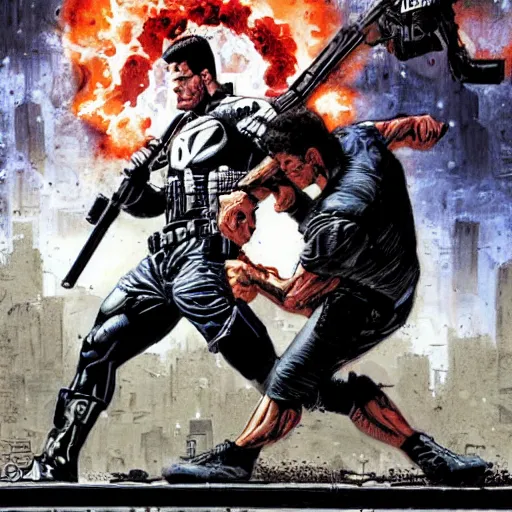 Image similar to The punisher fighting Neo. Epic painting by James Gurney and Belén Ortega.