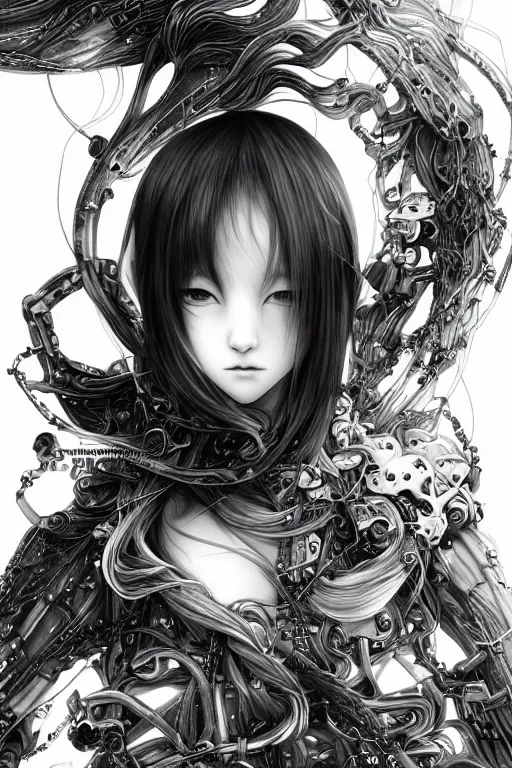 Image similar to a vertical portrait of a character in a scenic environment by Yoshitaka Amano, black and white, dreamy, cybernetic suit, wavy long black hair, highly detailed