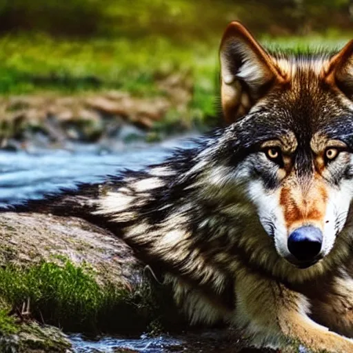 Image similar to A majestic and beautiful wild wolf out by a river with its head down taking a drink from the stream while it's ears are up and alert listening for danger with trees behind it, set in warm spring where it is sunny and windy, award winning, hyper realistic, 8k, photo