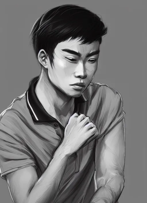 Image similar to a highly detailed illustration of fierce short black haired young asian man wearing polo shirt, dramatic thinking pose, lean, intricate, elegant, highly detailed, centered, digital painting, artstation, concept art, smooth, sharp focus, league of legends concept art, WLOP