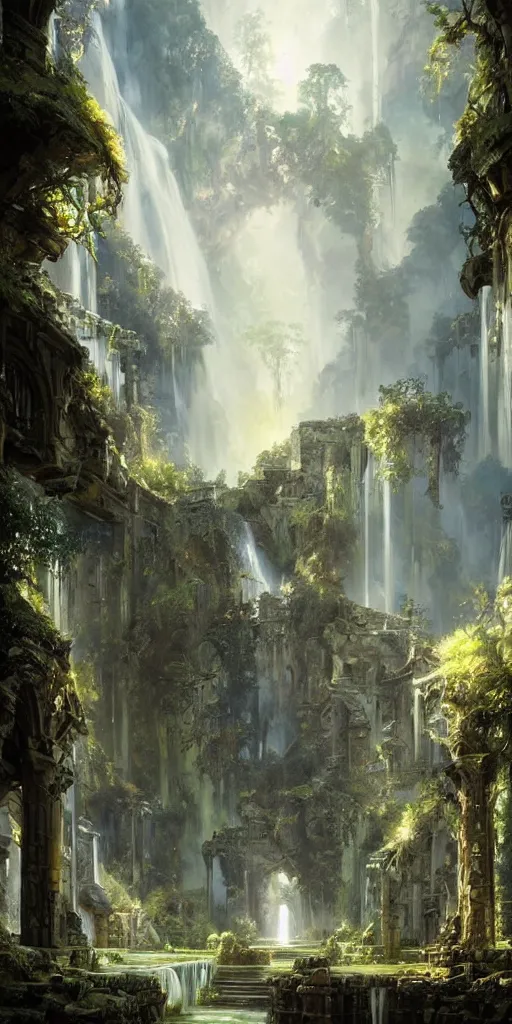 Image similar to detailed interior of the monastery ruins, waterfall walls, lush vegetation, light shafts, the glowing throne, stunning atmosphere, by greg rutkowski, style of peter mohrbacher, nature by asher brown durand