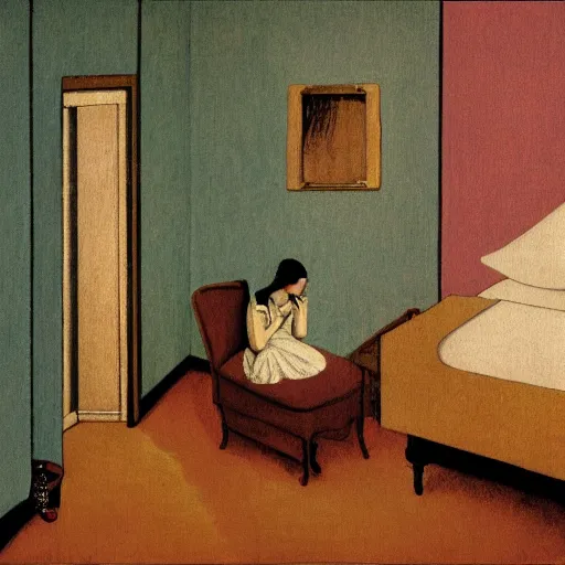 Image similar to a lonely girl in a liminal hotel room, baroque wallpaper, film still by kubrik, depicted by balthus, limited color palette, very intricate, art nouveau, highly detailed, lights by hopper, soft pastel colors, minimalist