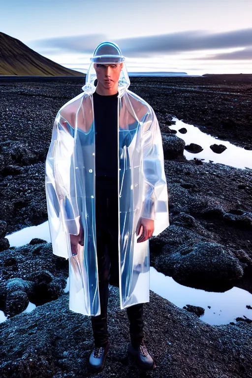 Image similar to an ultra high definition professional high fashion portrait studio full length photograph of a male model wearing a transparent pearlescent raincoat and neon visor in an icelandic black rock environment at dawn. no artefacts. extremely detailed. stark. refraction. shallow depth of field. volumetric light and shadow. ray tracing. light rays.