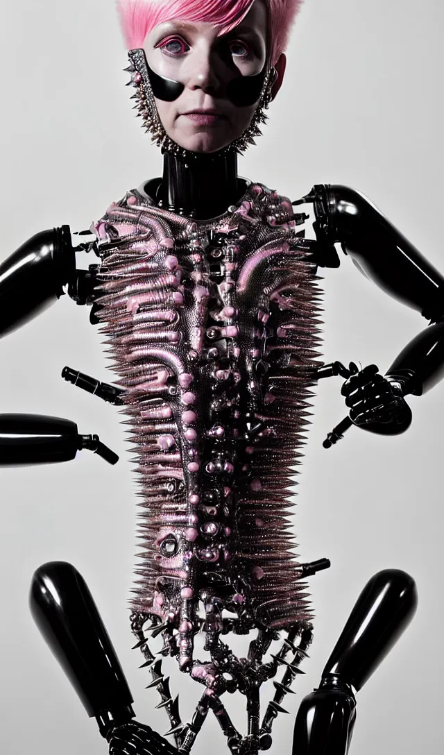 Image similar to portrait of a biomechanical goddess wearing a steel spikes studded iridescent beauty mask and pink hair buns, wearing a black bodysuit by alexander mcqueen, cream white background, soft diffused light, biotechnology, humanoid robot, perfectly symmetric, bjork aesthetic, translucent, by rineke dijkstra, intricate details, highly detailed, masterpiece,