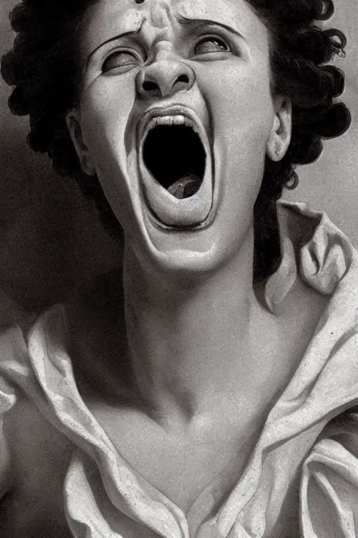 Image similar to beautiful woman, screaming face, closeup, dressed in roman clothes, ultra detailed, art by Guido Reni style