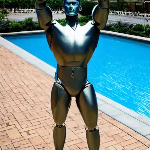 Image similar to a realistic detailed photo of a guy who is an attractive humanoid who is half robot and half humanoid, who is a male android, wrestler bo nickal, shiny skin, posing like a statue, blank stare, by the pool, on display, showing off his muscles, humanoid robot, frozen ice statue