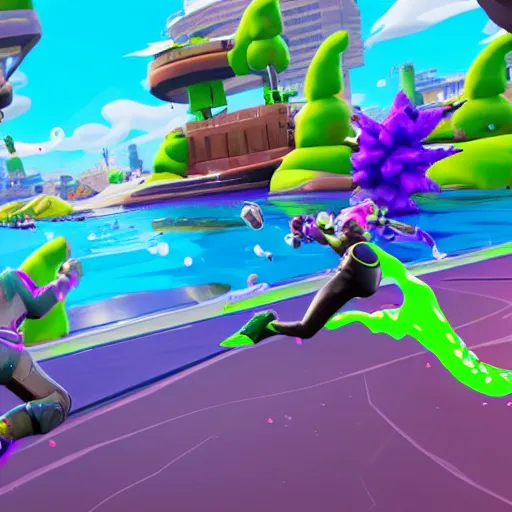 Prompt: Splatoon except it is Fortnite, in game screenshot, vibrant environment