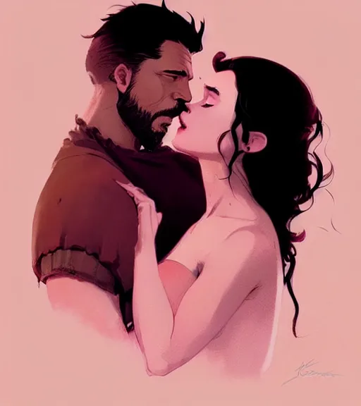 Image similar to portrait of jon kissing dany by atey ghailan, by greg rutkowski, by greg tocchini, by james gilleard, by joe fenton, by kaethe butcher, dynamic lighting, gradient light pink, brown, blonde cream and white color scheme, grunge aesthetic