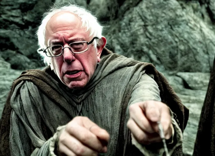 Image similar to film still of bernie sanders as frodo in lord of the rings movie, 8 k