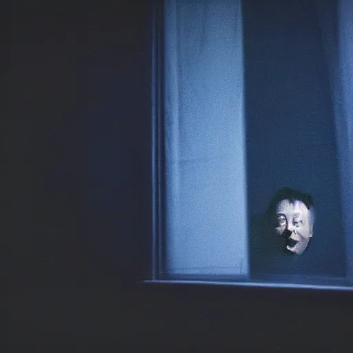 Image similar to dark photo of dark blue rainy bedroom window at night, dimly lit creepy ( ( ( ( ( contorted distorted ) ) ) ) ) screaming face of elon musk staring in through the window, horror, scary face, demonic face,