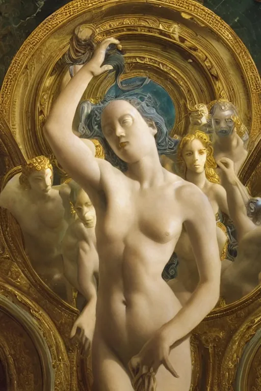 Image similar to marble sculpture depicting a woman programming the samsara holy cluster, dramatic light, concept art, stunning, visionary, mystical, hyper realistic, beautiful, wow, gilt metal, rich marbles, by gian lorenzo bernini, by brecht evens, by jean delville, in the style of francis bacon