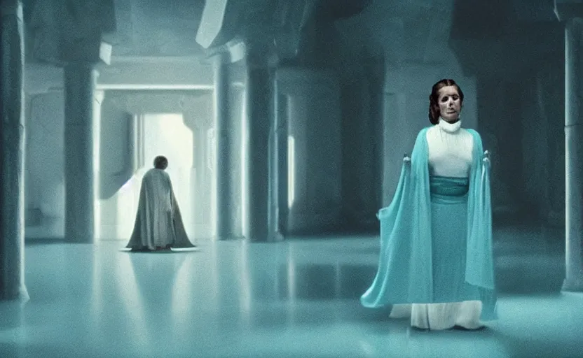 Image similar to screenshot portrait of Princess Leia alone in a teal Temple scene from the last jedi, 1980s film by Stanley Kubrick, 4k serene, iconic , photoreal portrait Carrie fischer, detailed face, moody lighting stunning cinematography, hyper detailed, sharp, anamorphic lenses, kodak color film