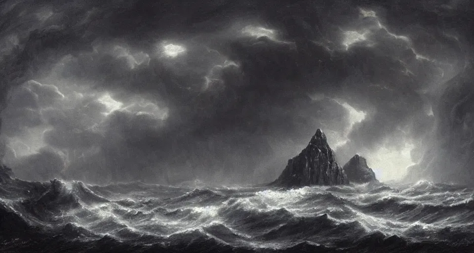 Image similar to black lovecraftian eldritch!! obsidian pyramid!! a snowy island surrounded by raging stormy seas, 1 7 0 0 s frigate, with a large shadow of a creature in the background by eugene von guerard, ivan shishkin, night, red lightning!!, storm!, dramatic lighting, concept art, trending on artstation, 8 k