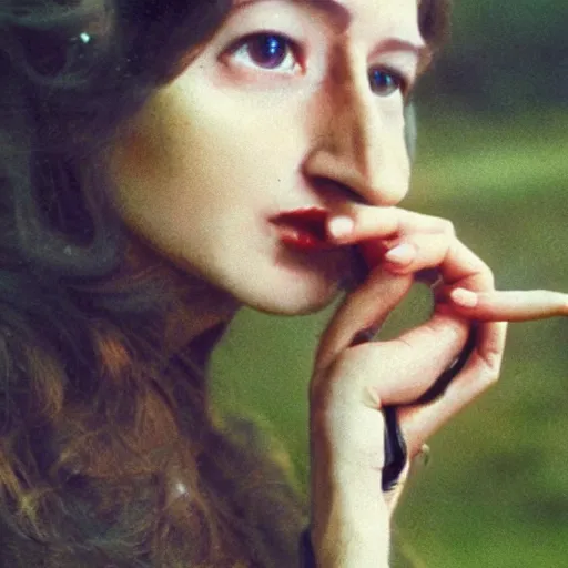 Image similar to beautiful woman with a long dangly nose, with extra eyeballs, in the countryside 1974 arthouse film, archival footage, technicolor film expired film