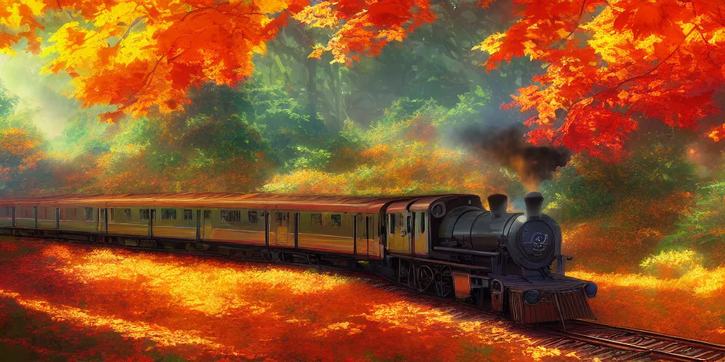 Image similar to A beautiful illustration of beautiful Hogwarts train, autumn, leaves, trees, steam, iridescent, pink, golden, orange, smoke, wide angle, by makoto shinkai, Wu daozi, very detailed, deviantart, 8k, wallpaper, tropical, colorful, airy, anime illustration, anime nature wallpap