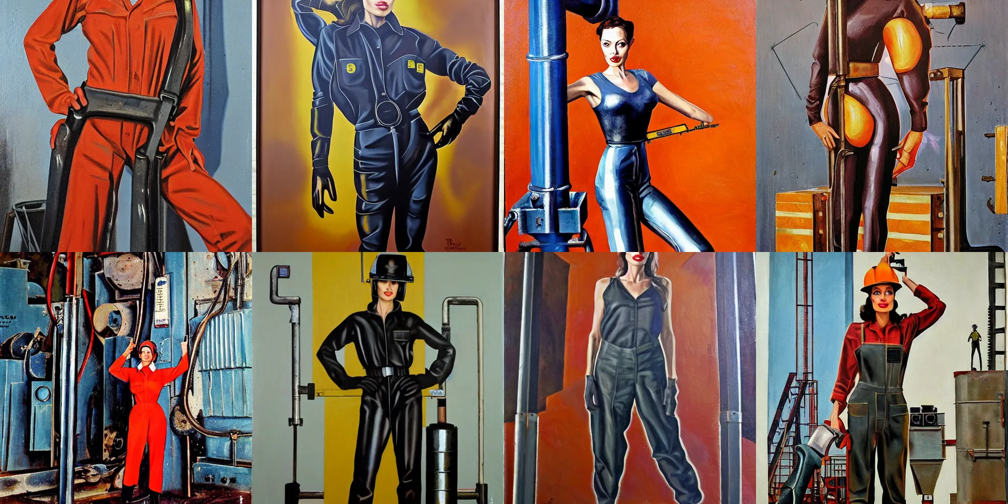 Prompt: symmetrical oil painting of full - body angelina jolie posing in steelworker welder costume by percevel rockwell - from 1 9 5 0 s