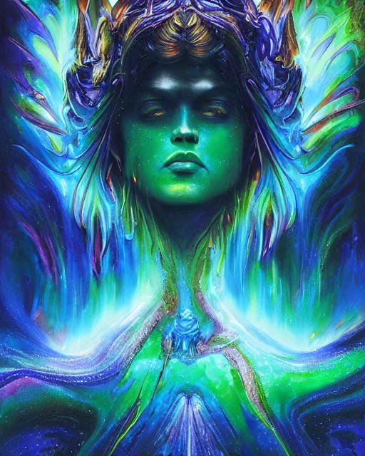 Image similar to blue and green rainbow fire, by antonio j. manzanedo, alex grey, android jones, wayne barlowe, philippe druillet, raymond swanland, cyril rolando, josephine wall, harumi hironaka, cronenburg, trending on artstation