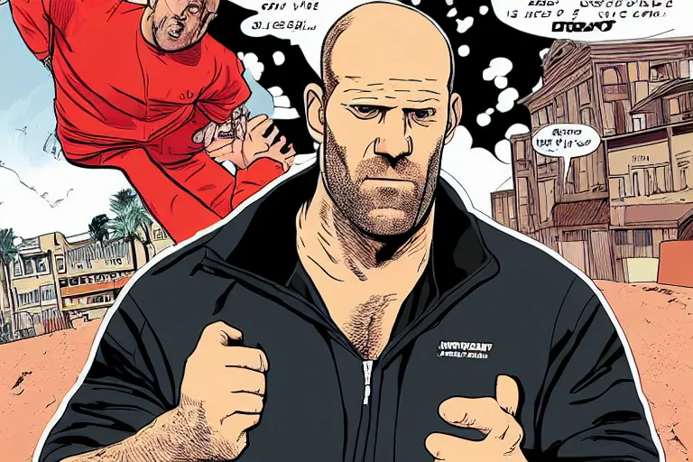 Prompt: overweight jason statham in a track suit, judgmental, graphic novel