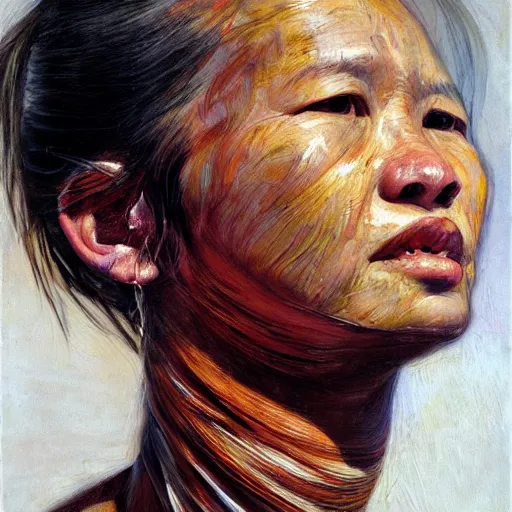 Image similar to high quality high detail painting by jenny saville, hd, a skinny beautiful kayan female tribe leader, hair in wind, photorealistic lighting