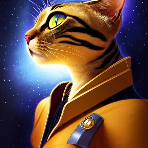 Prompt: a uhd photorealistic portrait of a cosmic feline humanoid starfleet officer holding olding a phaser, fantasy, sharp focus, intricate, sci - fi, artstation, matte, hyperdetailed, concept art, illustration, studio lighting, art by ilya kuvshinov, artgerm, alphonse mucha, amano, and karol bak